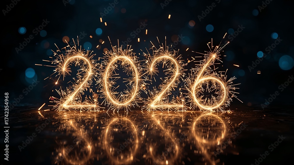 Obraz premium a dazzling display of sparkling fireworks in the shape of the year 2026, igniting a sense of celebration and anticipation