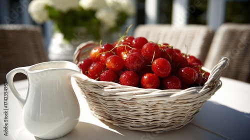 Fresh strawberries in a woven basket with cream pitcher in bright outdoor setting