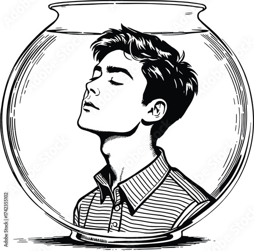 Monochrome Illustration of a Calm Young Person Inside a Transparent Fishbowl Wearing a Striped Shirt Depicted in a Stylized Composition Symbolizing Isolation and Introspection