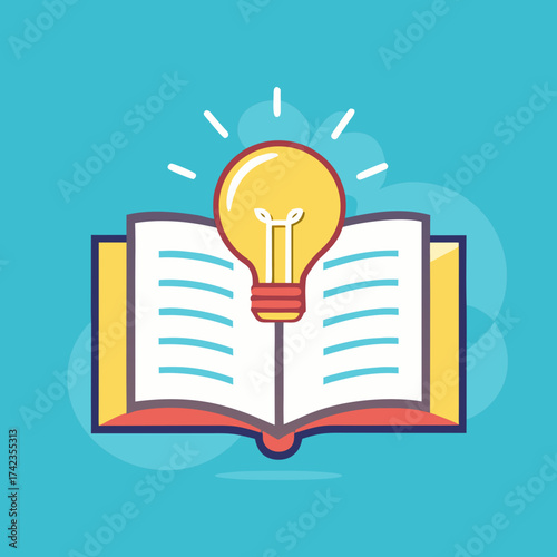 Open book with a glowing light bulb symbolizing knowledge and ideas
