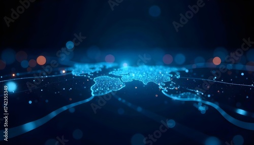 Abstract blue technology background with glowing light trails and geometric shapes, futuristic and modern design, dark blue color palette 