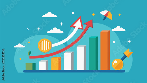 Cheerful bar chart with arrows and decorative elements