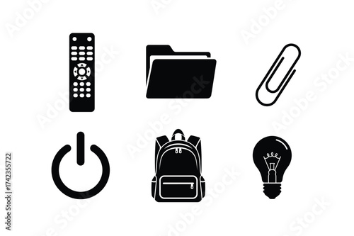 Collection of black electronic and office icons on white background Keywords: remote control
