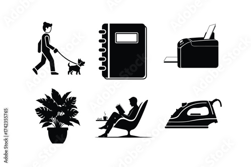 Daily Life Activities Icons Black Silhouettes on White Background man walking dog notebook