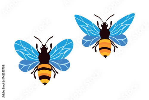 Cartoon bee mascot. Little bee flying. Wasp collection. Vector bumblebee characters. Insect icon. Design template for invitation, card. Doodle style.