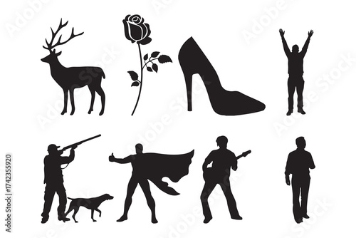 Mixed Silhouette Vector Collection: People, Animals, and Objects