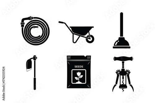Garden and Household Tools Collection Black Icons on White Background garden hose wheelbarrow