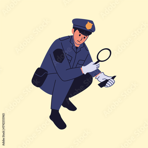 Cartoon Policeman Examining Evidence with Magnifying Glass