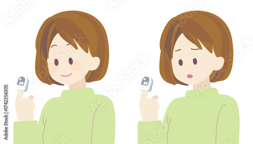 Medical illustration of a woman with an SpO2 sensor on her index finger. Two variations: smiling and feeling unwell. Useful for medical, healthcare, and oxygen monitoring concepts.