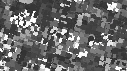 Abstract dark gray animated background featuring shifting and transforming square blocks. The geometric tiles appear to move, fade, and reappear in a rhythmic motion.