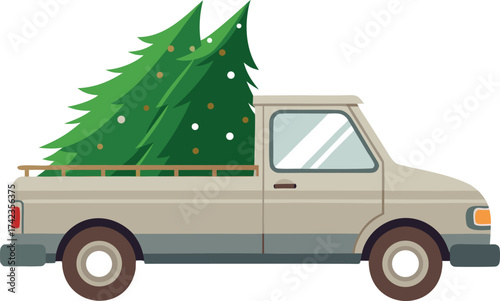White pickup truck transporting a freshly cut green Christmas tree