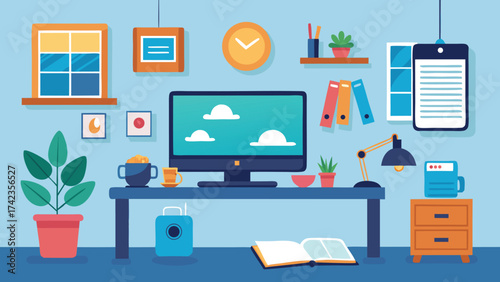 Colorful illustration of tidy home office desk