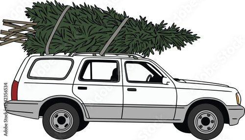 Vintage car transporting a large Christmas tree on its roof