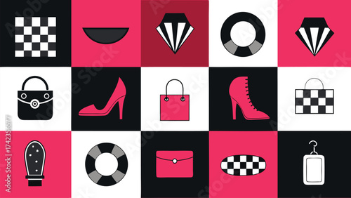 Fashion icons grid with handbags and shoes