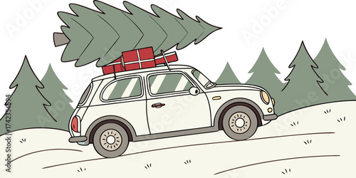 Vintage car transporting a large Christmas tree on its roof