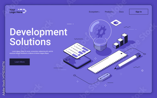 Lightbulb with gear and infographics on purple background. Development solutions isometric landing page template. Software creating tools maintaining 3d vector illustration for web page.