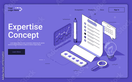 Business documents audition process on purple background. Expertise concept landing page isometric template. Commercial papers and workflow reviewing 3d vector illustration for web page
