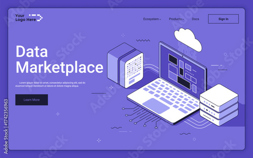 Laptop connected to servers and cloud storage on purple background. Data marketplace isometric landing page template. Information exchange online services 3d vector illustration for web page