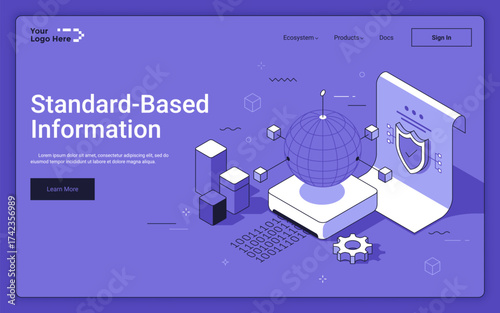 Globe with data blocks and security policy on purple background. Standard based information isometric landing page template. Cybersecurity technology 3d vector illustration for web page