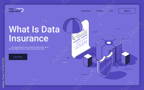 Legal coverage policy with umbrella and digital datasets on purple background. Data insurance landing page isometric template. Virtual information protection 3d vector illustration for web page