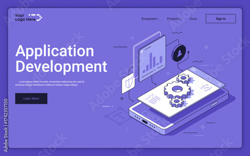 Smartphone with cogwheels and infographic screen on purple background. Application development landing page isometric template. Making software for cellphones 3d vector illustration for web page