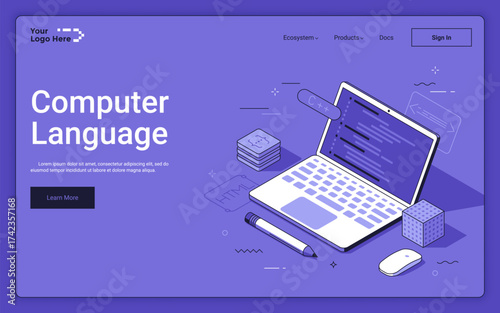 Laptop with code samples on screen on purple background. Computer language isometric landing page template. Software development tools variations 3d vector illustration for web page