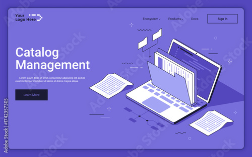 Laptop with folder on purple background. Catalog management landing page isometric template. Systematic approach ecommerce businesses technology 3d vector illustration for web page