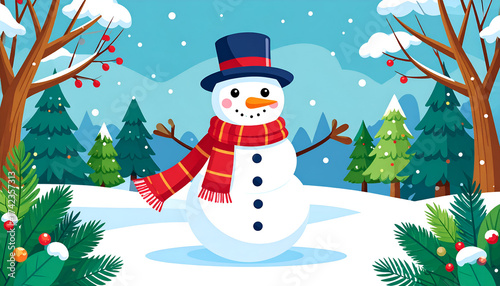 Festive Snowman Illustration in Winter Wonderland Landscape.