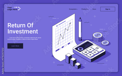 Metaphor with calculator, paper sheet with graph and pencil. Return of investment landing page isometric template. Financial net income counting 3d vector illustration for web page