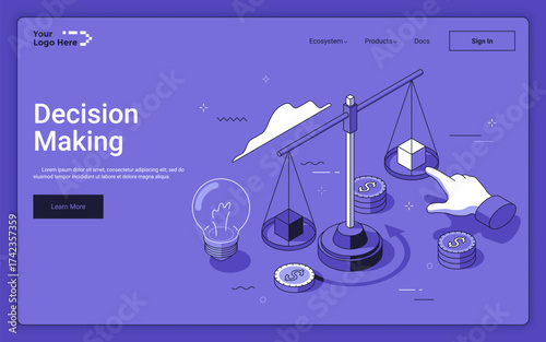 Hand choising a block on scales, light bulb and coins. Decision making landing page isometric template. Business success strategy 3d vector illustration for web page