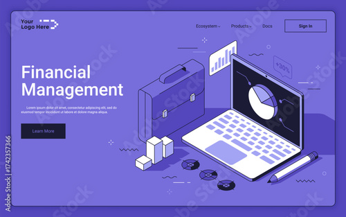 Laptop with infographics and briefcase on purple background. Financial management landing page isometric template. Corporate company data analytics technology 3d vector illustration for web page