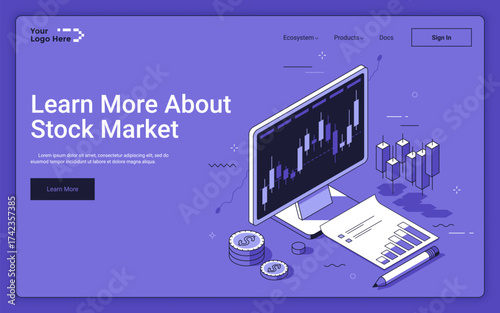 Computer monitor with candle stick charts and coins on purple background. Stock market landing page isometric template. Money exchange bouncing research 3d vector illustration for web page