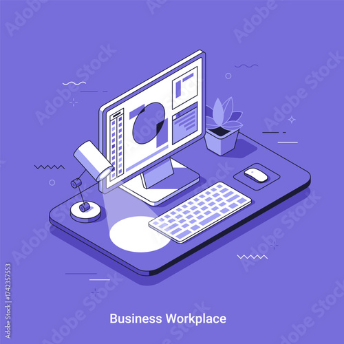Business workplace isometric vector illustration with computer monitor, keyboard, mouse, and lamp. Project management essentials.