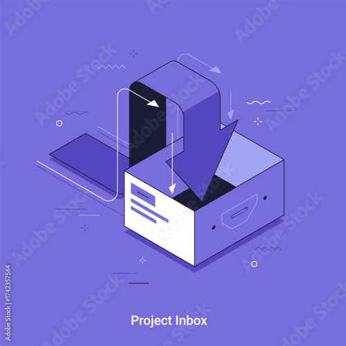 Project inbox concept with incoming arrow. Business task management and collaboration. Modern linear isometric vector illustration.