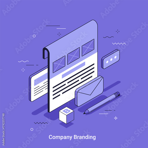 Company branding concept with document, envelope, pencil, and cubic logo. Isometric flat cartoon illustration on purple for website or advertising design.