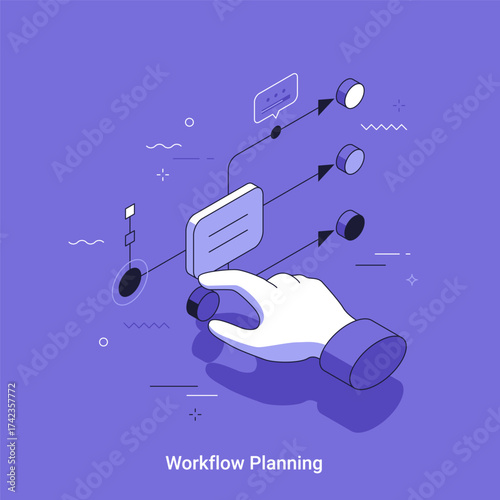 Vector illustration with hand interacting with a network of abstract shapes and arrows representing workflow planning. Startup development and business concept.