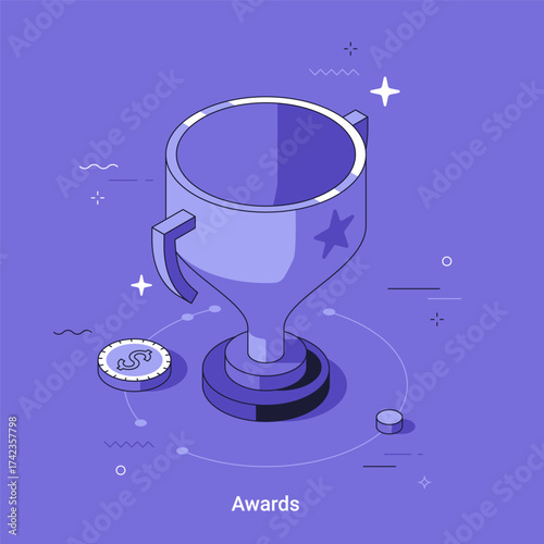 Isometric championship trophy with dollar coin. Concept of business achievement, competition success, financial reward. Vector thin line illustration.