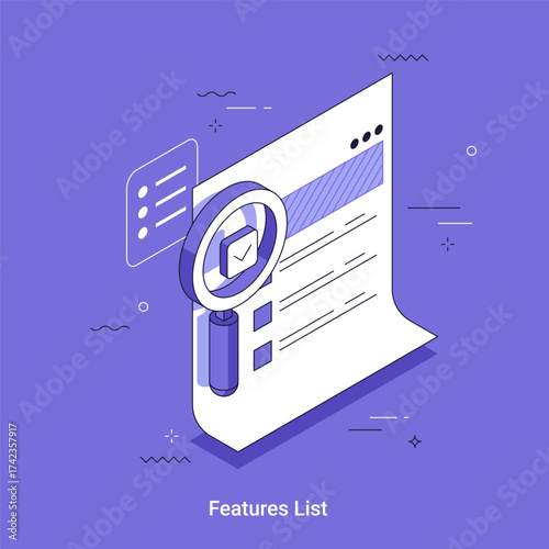 Isometric vector illustration with magnifying glass over a document with checklist showing feature list development process. Quality control and product verification.