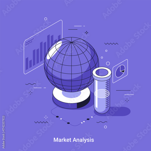 Market analysis concept with a globe, beaker, and data charts. Global business research and statistics. Thin line vector cartoon illustration for startup development.