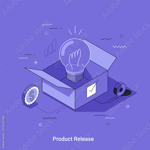 Lightbulb in open box. Product release new idea. Innovation development concept. Isometric vector illustration for business project.