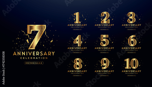 Set of golden anniversary logotypes for celebration events, weddings, greeting cards, and invitations. Gold emblem with a number. Vector illustration	