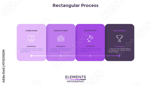 Modern diagram with 4 colorful rectangular elements or cards placed in horizontal row. Concept of four stages of startup business project. Flat infographic design template. Vector illustration.