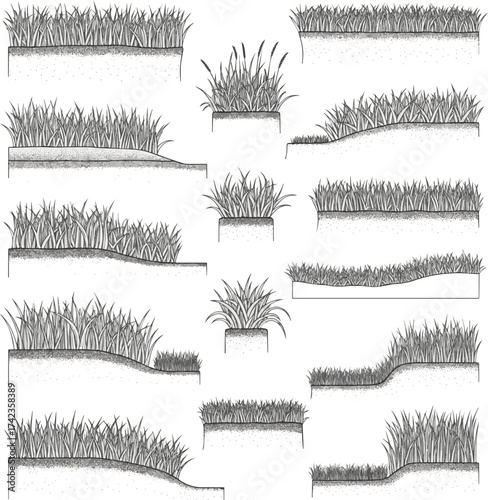 Isolated a kinds of deferent set of grass line cad and silhouettes Ground cover for elevation architectural element, side view, grass section. Turf coating banners for edging. vector art.