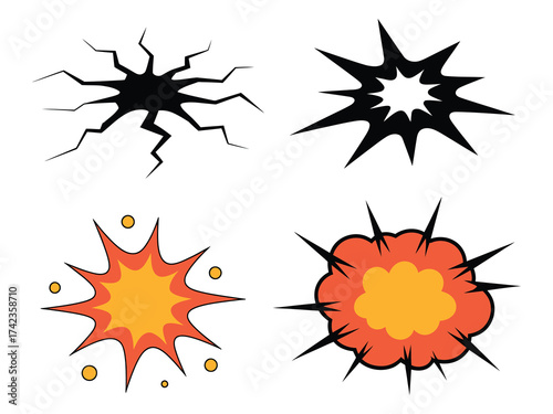 Comic style explosion and impact vector graphics with burst effects, cracks, bullet damage, and fire blasts for creative artwork use