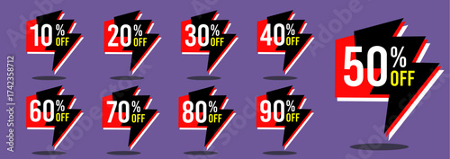 Business finance 10% off 20% off 30% off 40% off 50% off 60% off 70% off 80% off 90% off percent off, drawing white numbers black red yellow, violet purple lilac background, dollar, tariff, set.