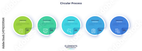 Informative circular process infographic chart for business startup demonstration. Privacy online infochart with thin line icons. Instructional graphics with 5 steps sequence design for web pages
