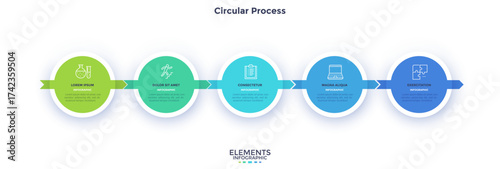 Five round elements placed in horizontal row and connected by arrows. Concept of 5 successive stages of business career development. Modern flat vector illustration for data analysis, presentation.