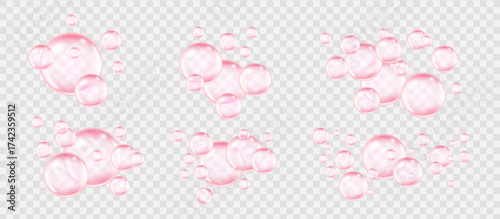 Set of pink collagen bubbles on a transparent background with glossy cosmetic shine.