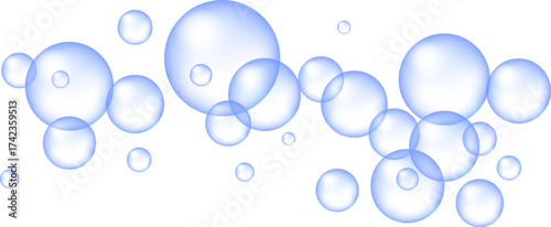 Blue collagen bubbles on a white background with glossy cosmetic shine.