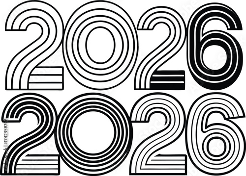 Stylized graphic representation of the year 2026 with concentric circles and parallel lines creating a retro or art deco aesthetic